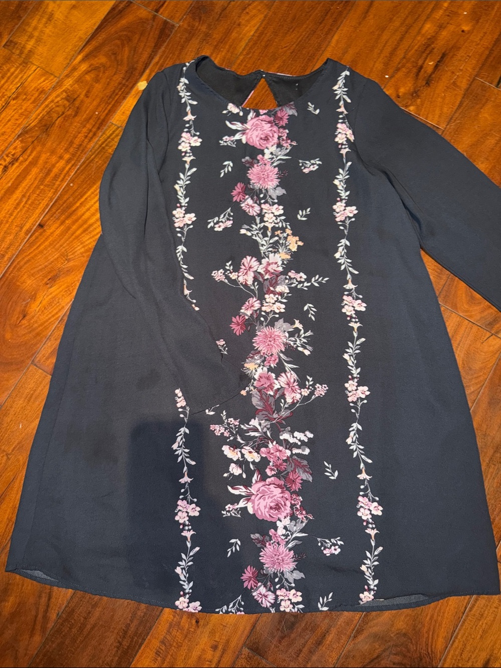 Black Midi Dress with Pink Floral Center Panel and Long Sleeves